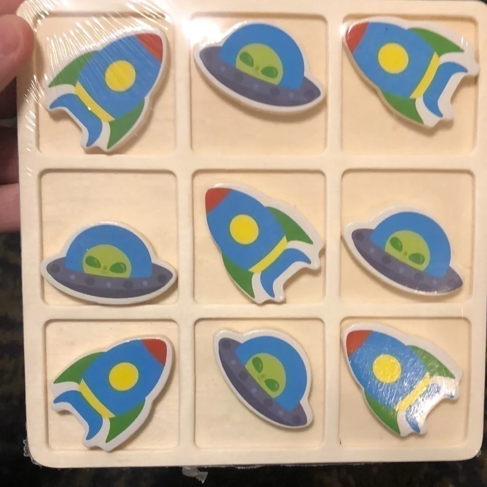Wood Tic Tac Toe Spaceships and aliens Game.